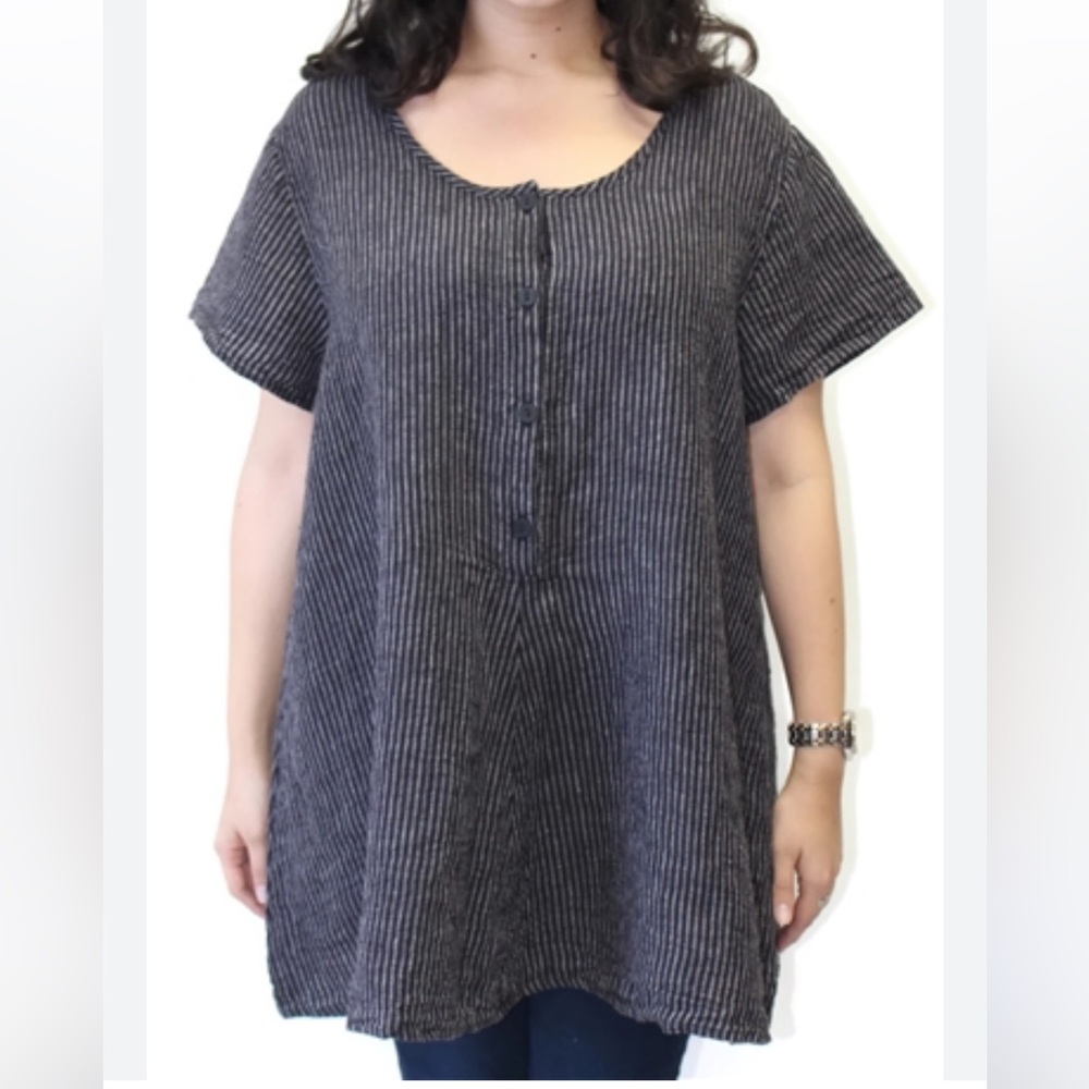 Flax Designs Cool Tunic‎ Licorice Linen Seersucker Striped Lagenlook Large Flowy
